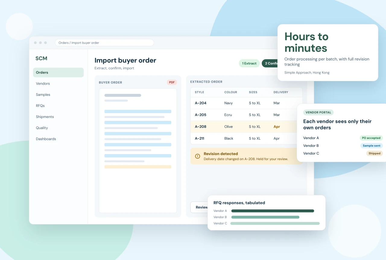 Axind SCM buyer order import extracting styles, colours, sizes and delivery dates from a PDF, with revision detection, a vendor portal and tabulated RFQ responses